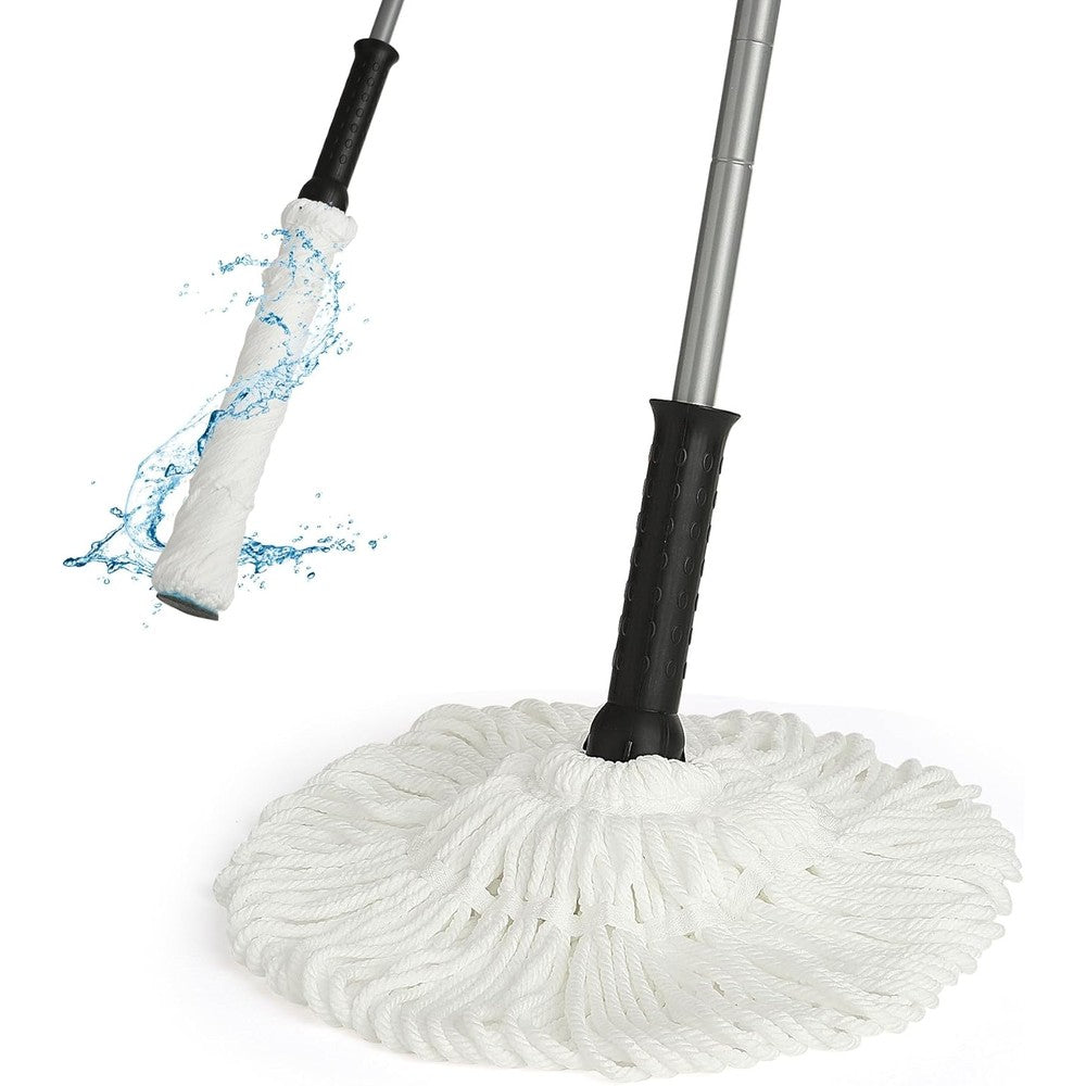 Eyliden Twist Mop front view showcasing the white microfiber string head and alloy steel handle.