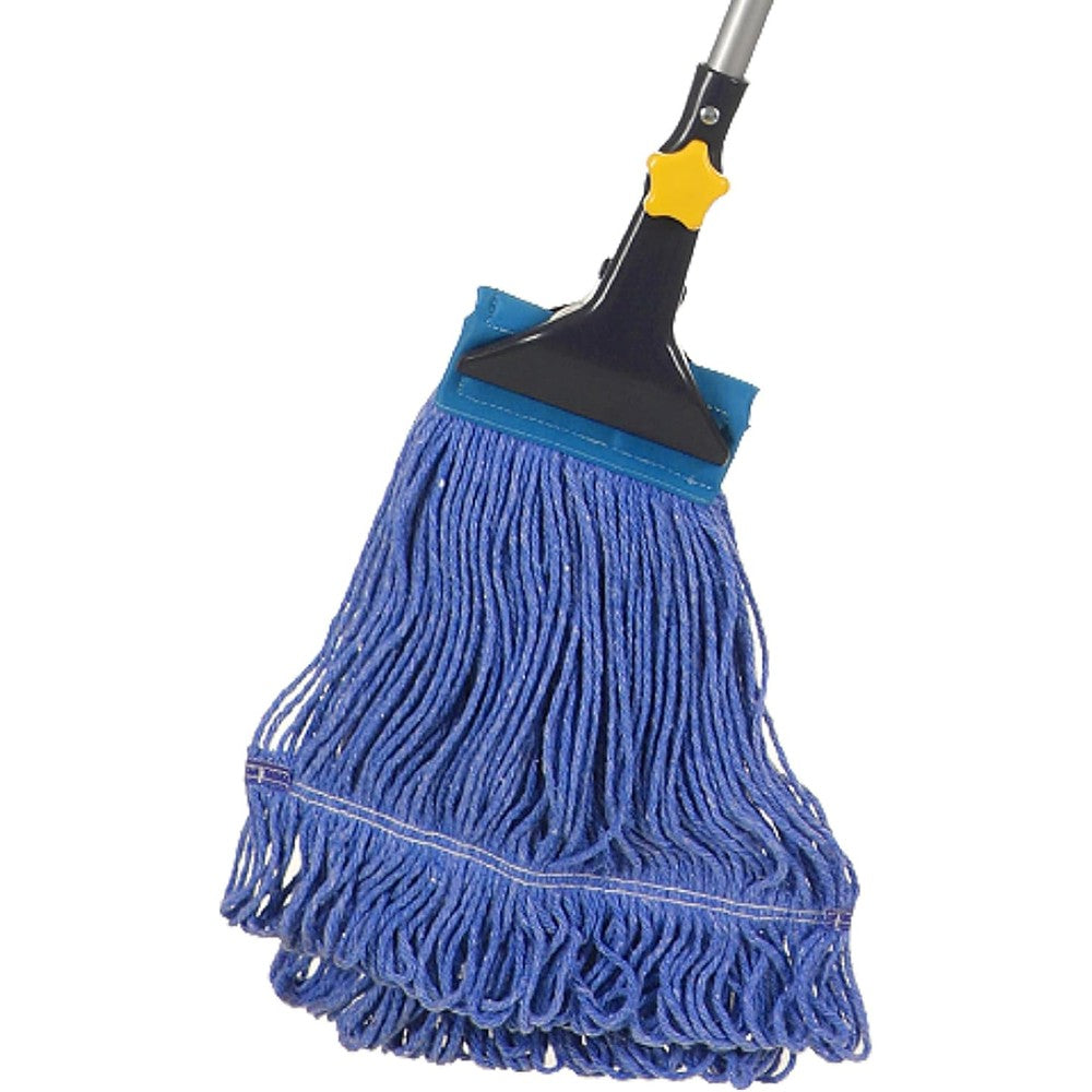 Yocada looped end string wet mop front view showing blue cotton head and jaw clamp