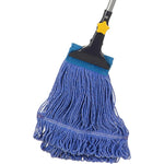 Yocada looped end string wet mop front view showing blue cotton head and jaw clamp