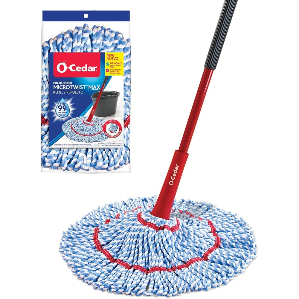 O-Cedar MicroTwist MAX microfiber twist mop front view showing blue and white cleaning strings