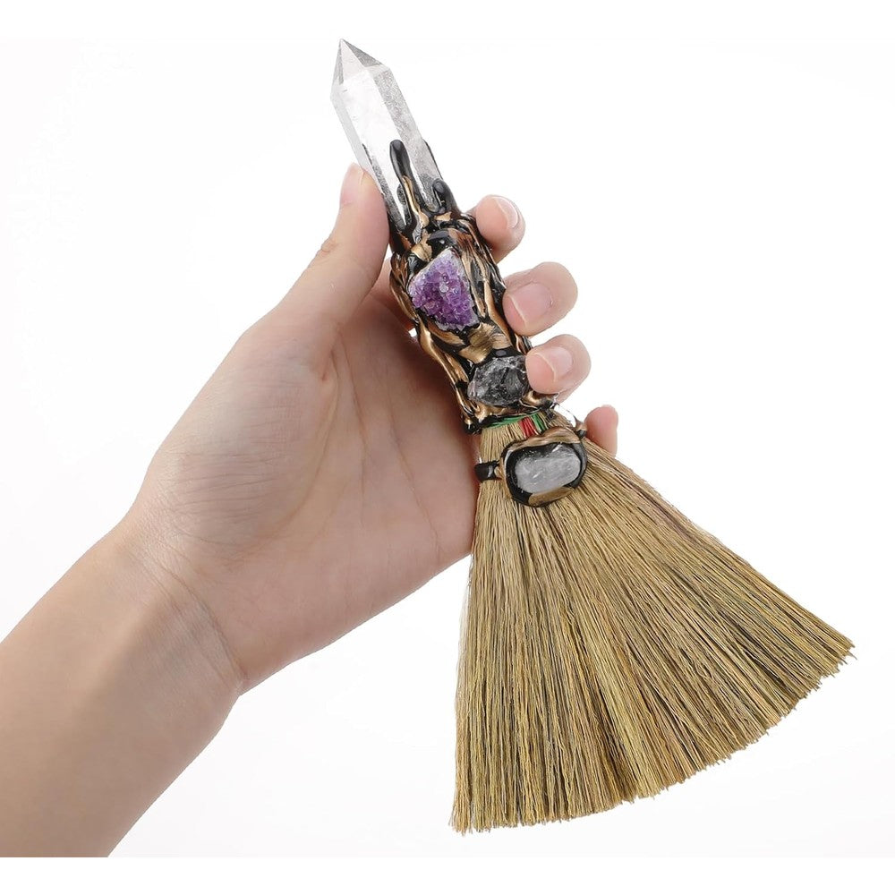 RENEMEGO White Crystal Witch Broom front view for altar cleansing