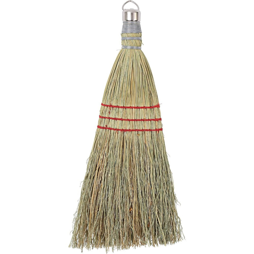 Genuine Joe Whisk Broom front view featuring natural corn fibers and red stitching.