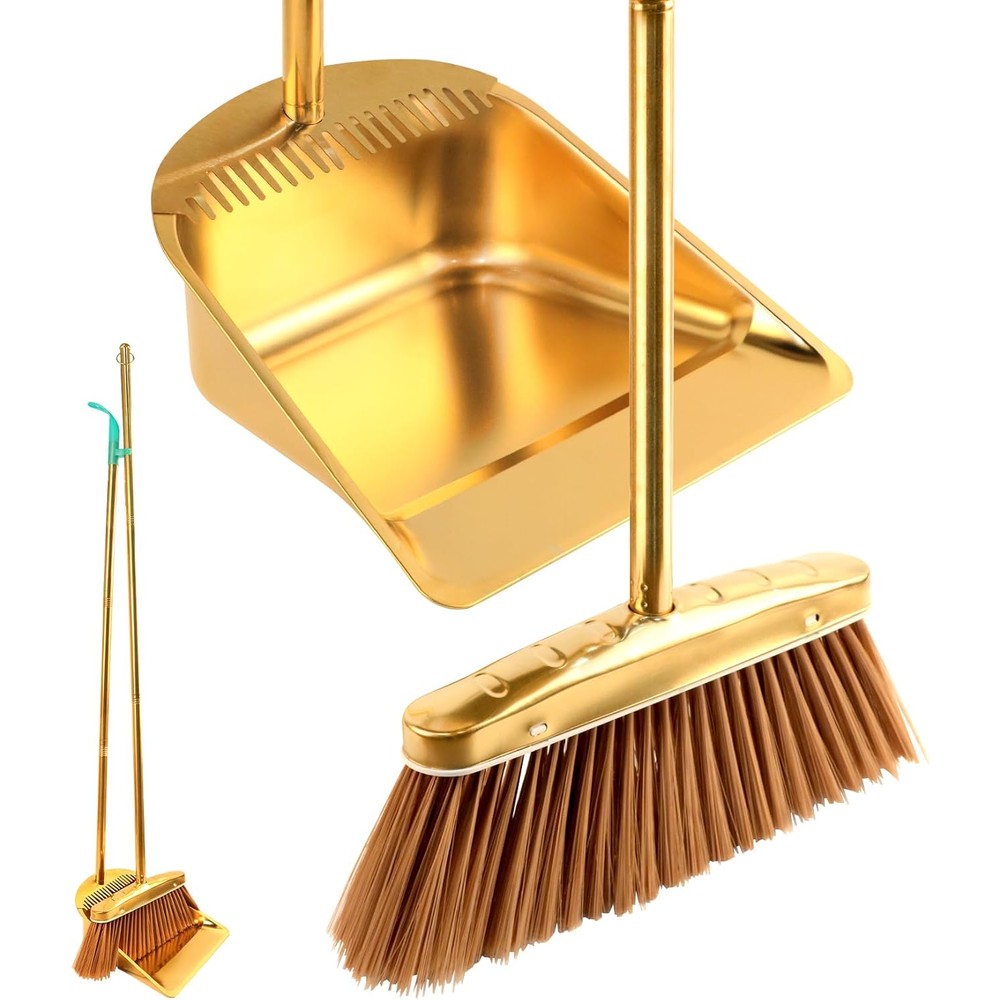 ZTZ Gold Stainless Steel Broom and Dustpan Set front view luxury cleaning tools