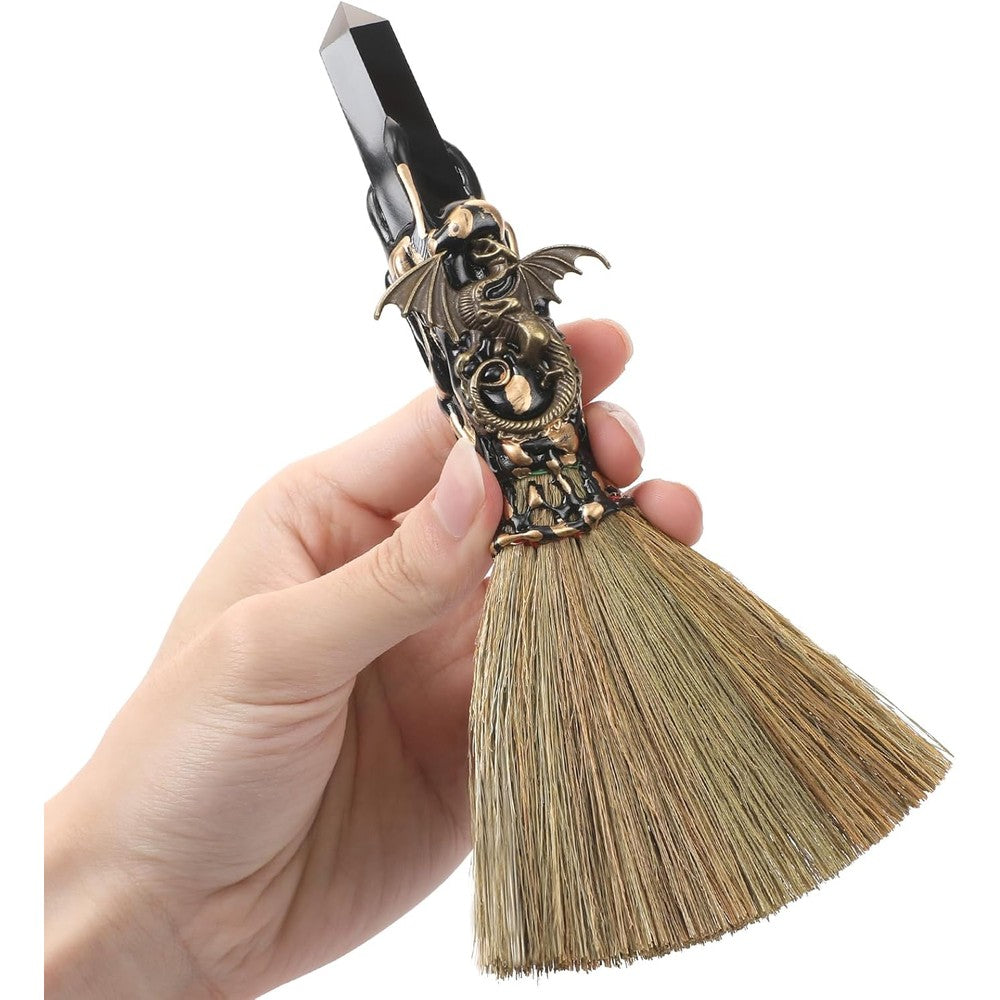 RENEMEGO Witch Crystal Altar Broom front view featuring black obsidian crystal.