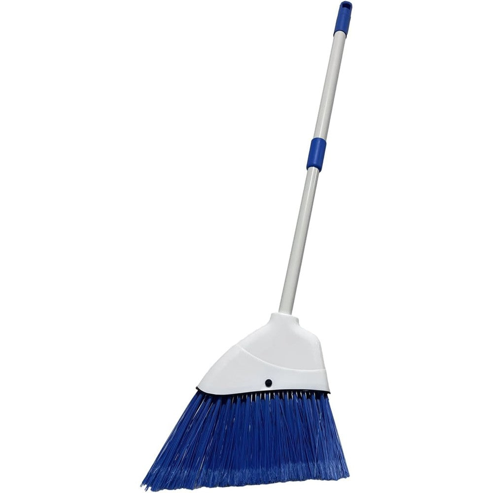 BSMstone small portable broom front view with blue and white bristles.