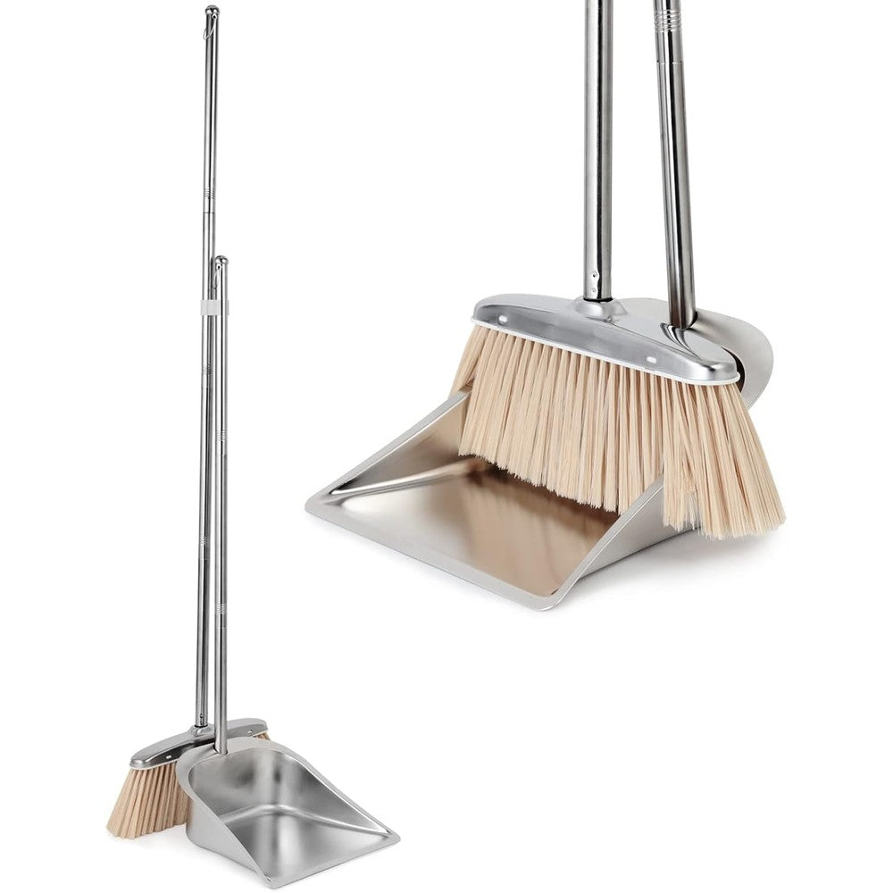 VOOWO broom and dustpan set front view stainless steel cleaning tools.