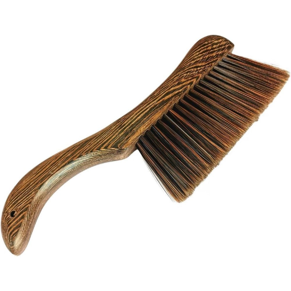 HIQU and HIST Hand Broom Brush front view with curved wood handle and brown bristles.
