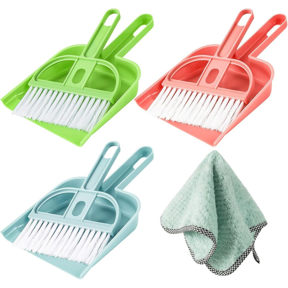 Lamoutor 3 pack mini hand broom and dustpan set front view for desk cleaning.