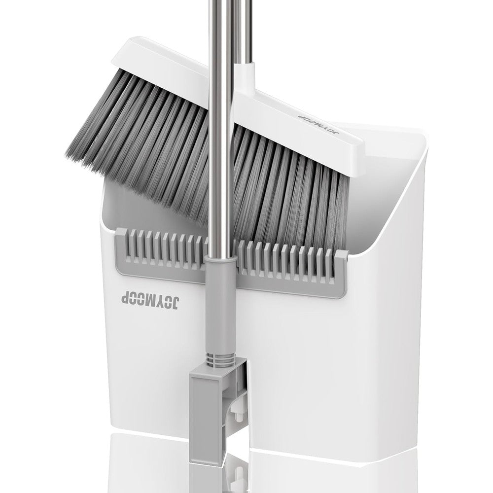 JOYMOOP White Broom and Dustpan Set front view standing upright for easy storage.
