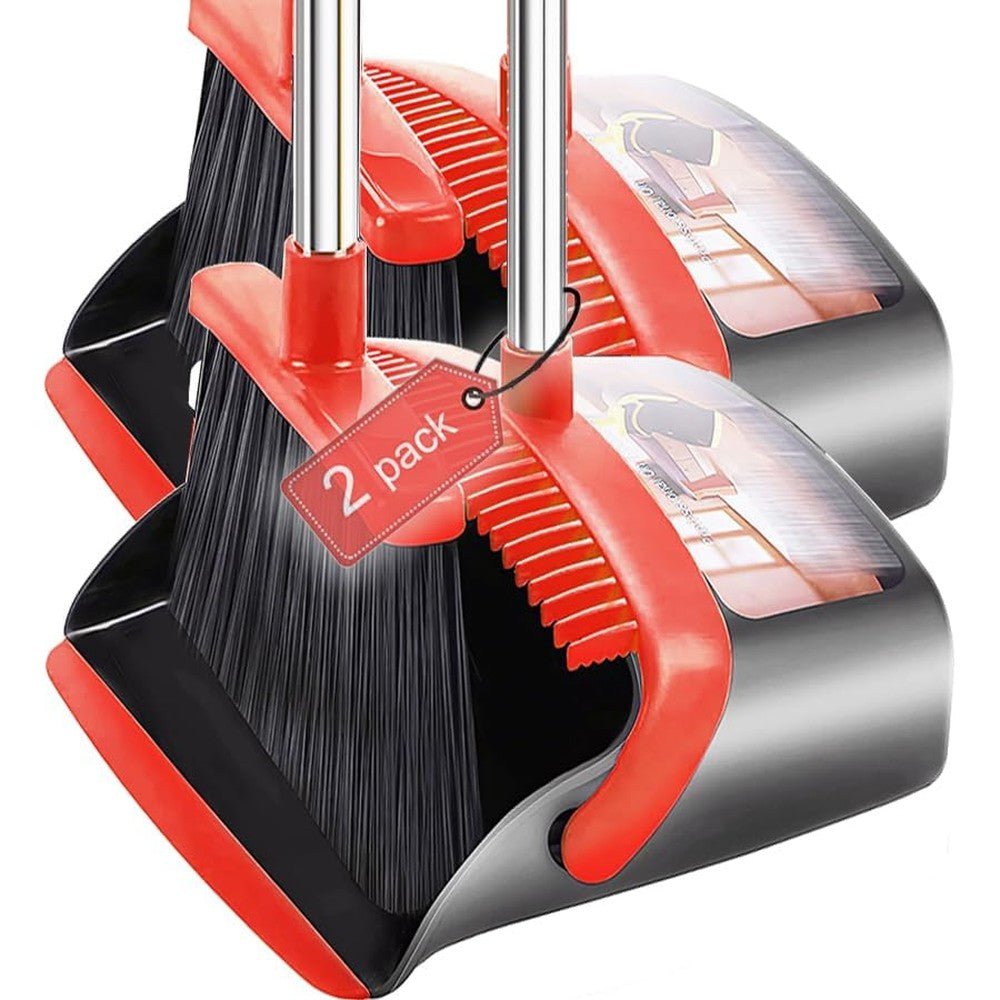 DJDTDTY 2-pack broom and dustpan set front view showing red color and long handles.