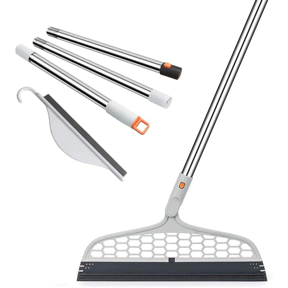 PLLITH Upgraded Magic Broom 4 in 1 sweeper front view showcasing gray silicone blade and extendable handle