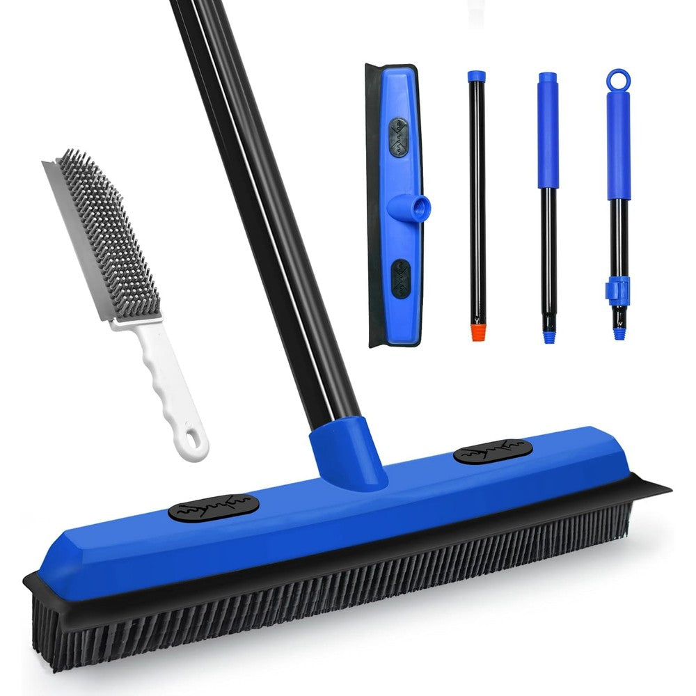 Dolanx rubber broom carpet brush front view showing blue silicone bristles for pet hair removal.