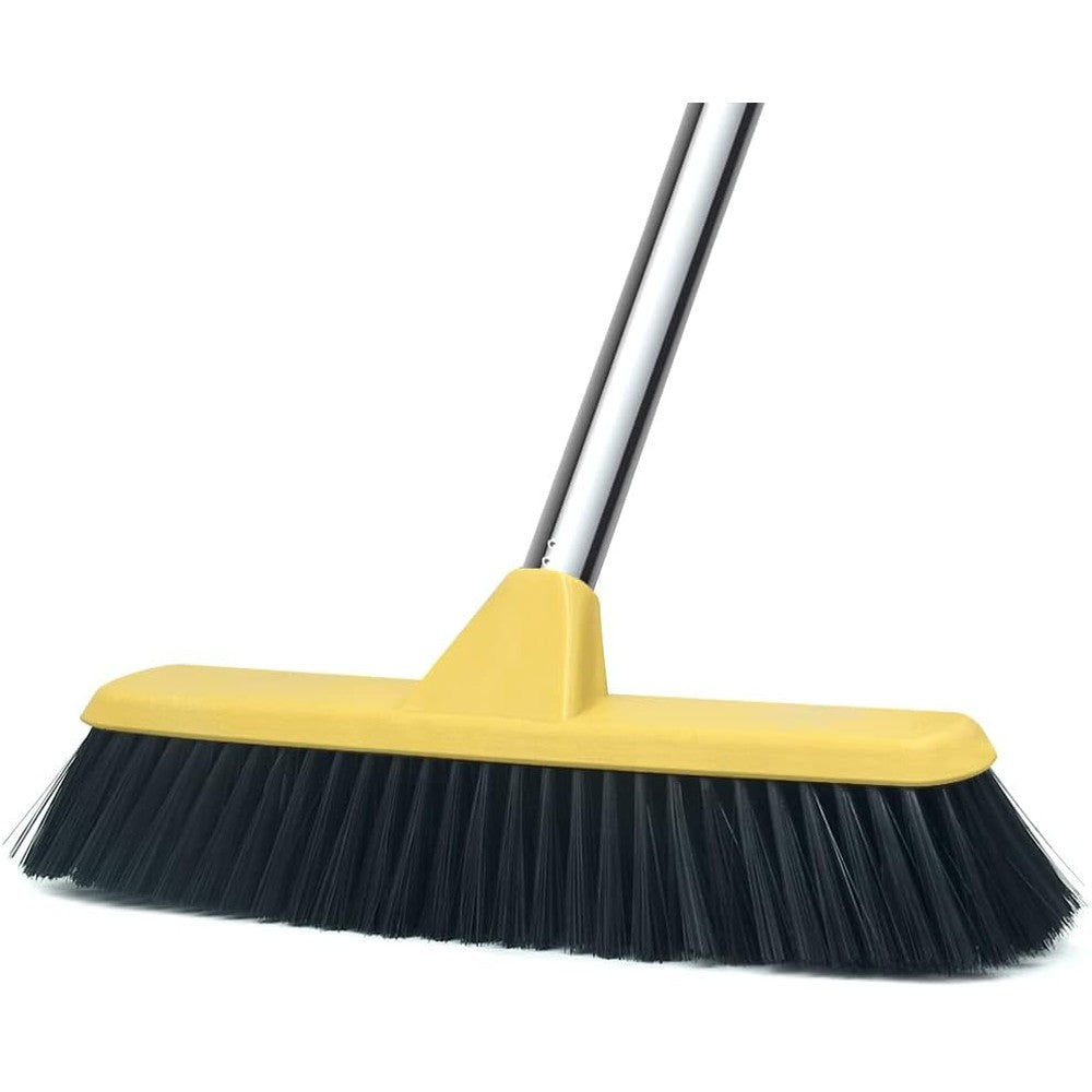 Lanhope push broom front view with yellow bristles and long handle for indoor cleaning.