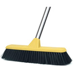 Lanhope push broom front view with yellow bristles and long handle for indoor cleaning.
