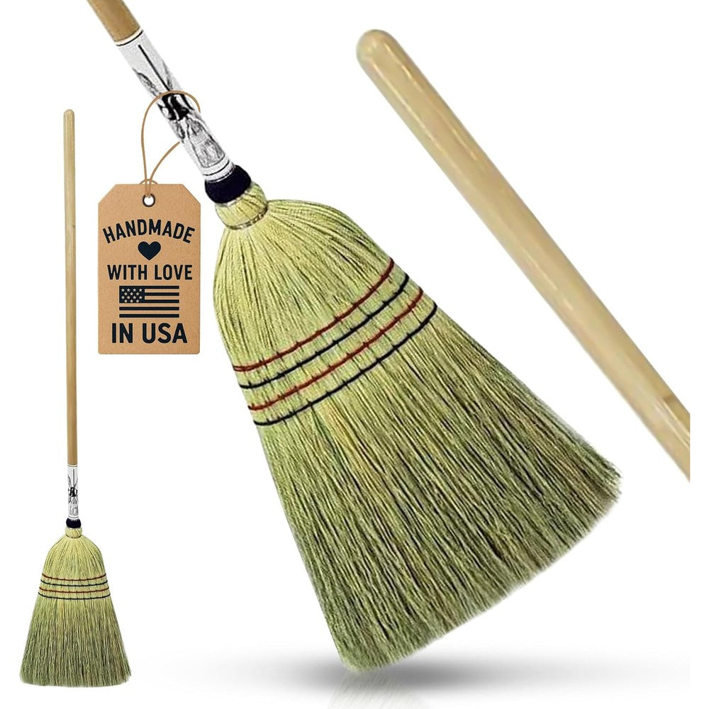 Peaceful Classics handmade Amish corn broom front view for heavy duty sweeping.