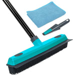MAVRIZ Pet Hair Removal Broom front view showing the blue rubber bristles on a living room rug.