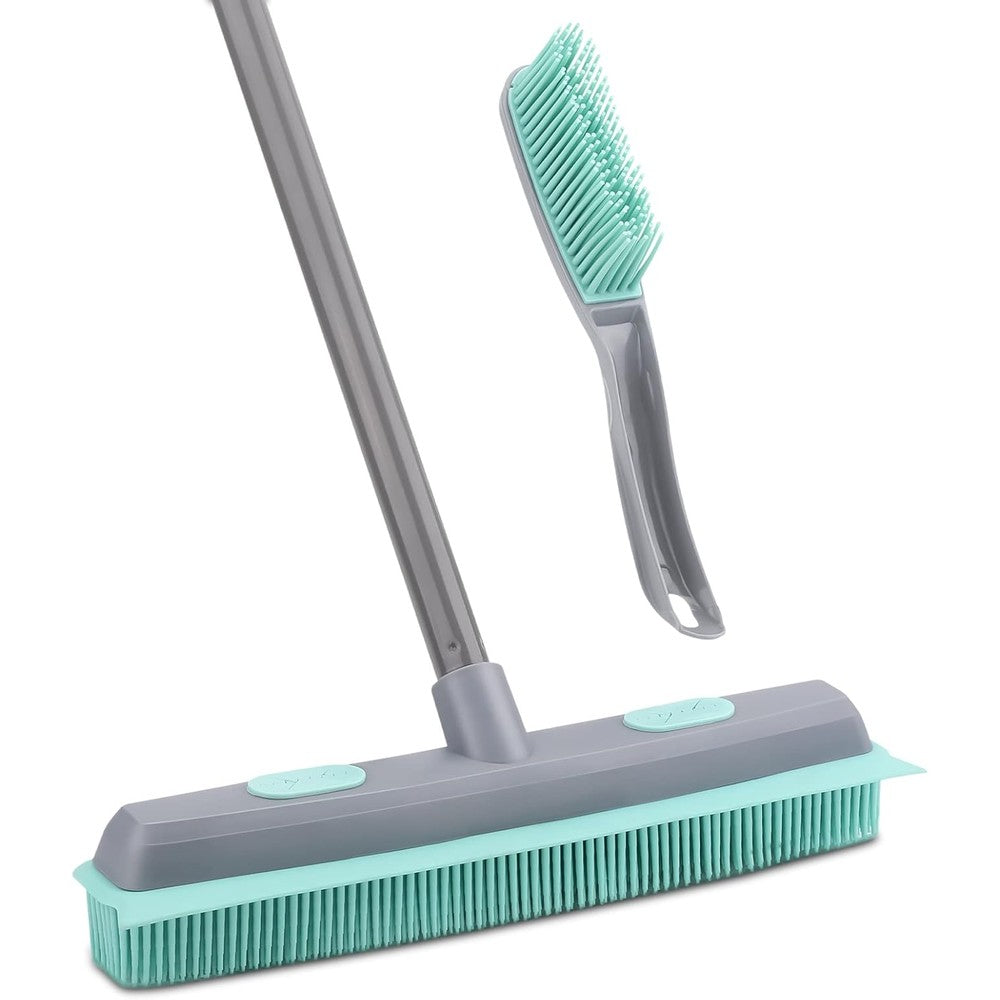 Conliwell rubber broom carpet rake front view showcasing green electrostatic bristles