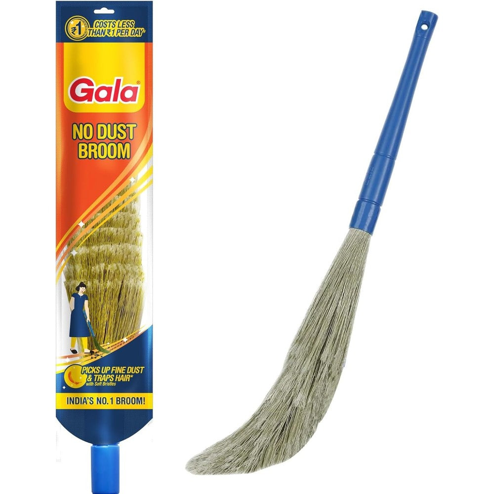 Gala No Dust Broom front view showing blue handle and synthetic fibers.