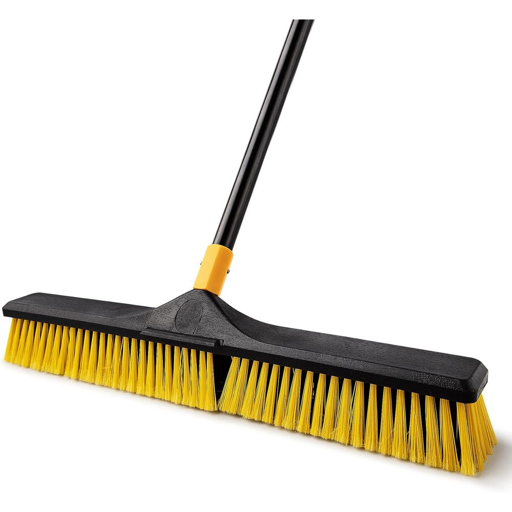 Yocada heavy duty push broom brush front view showcasing wide yellow bristles and long adjustable handle for outdoor floor cleaning.
