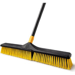 Yocada heavy duty push broom brush front view showcasing wide yellow bristles and long adjustable handle for outdoor floor cleaning.