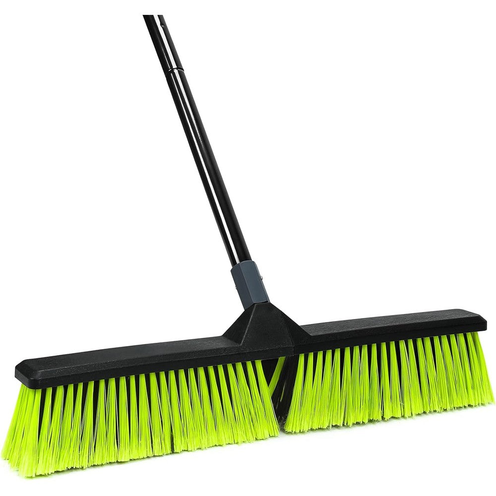 KalTell 24-inch heavy duty outdoor push broom front view showing bright green bristles and steel handle.