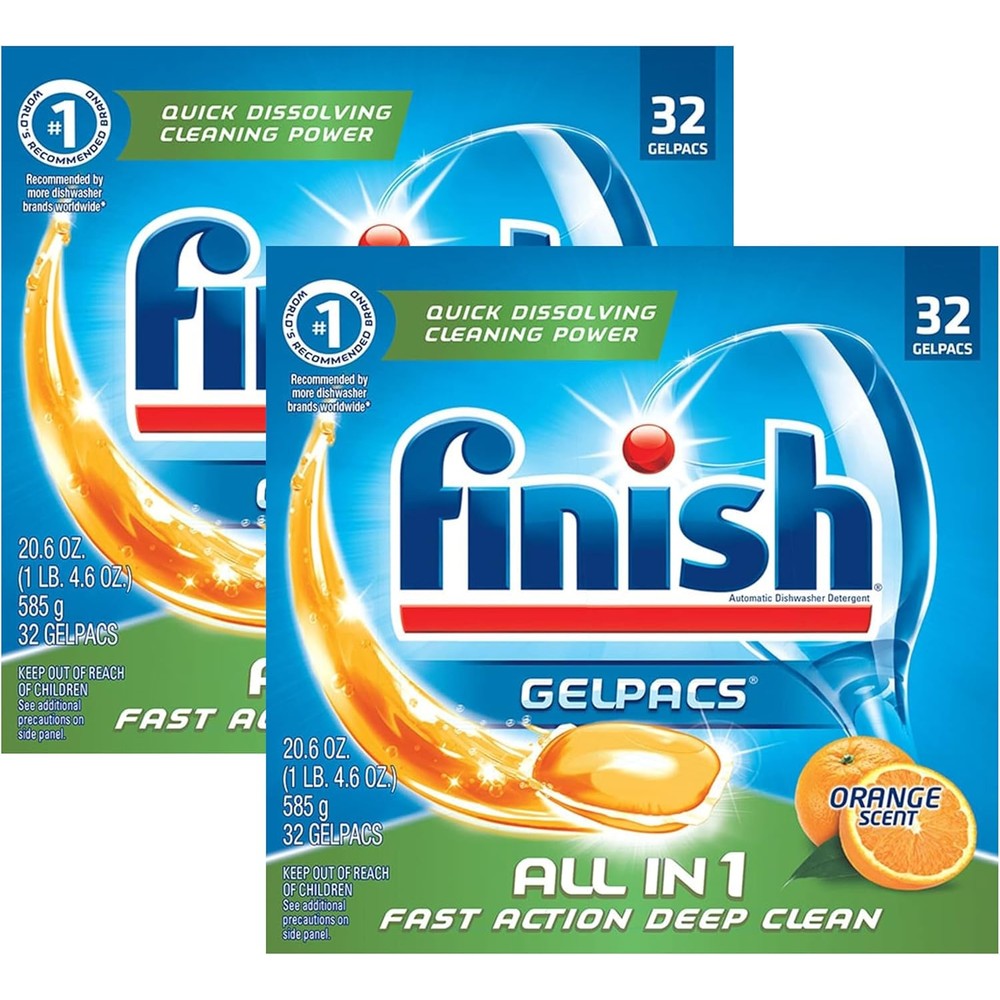 Finish All In 1 Gelpacs Orange 32 Count front packaging showing powerful cleaning pods.