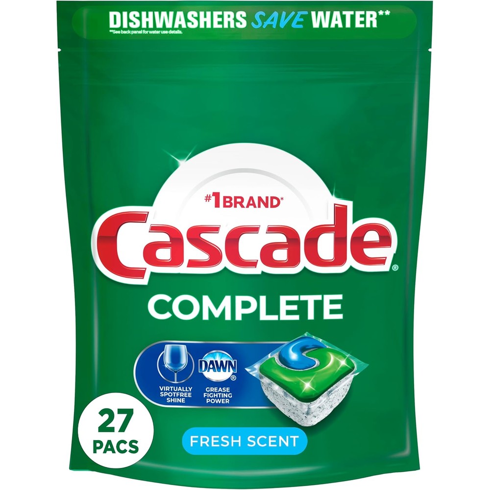 Cascade Complete ActionPacs 27 count front view dishwasher detergent