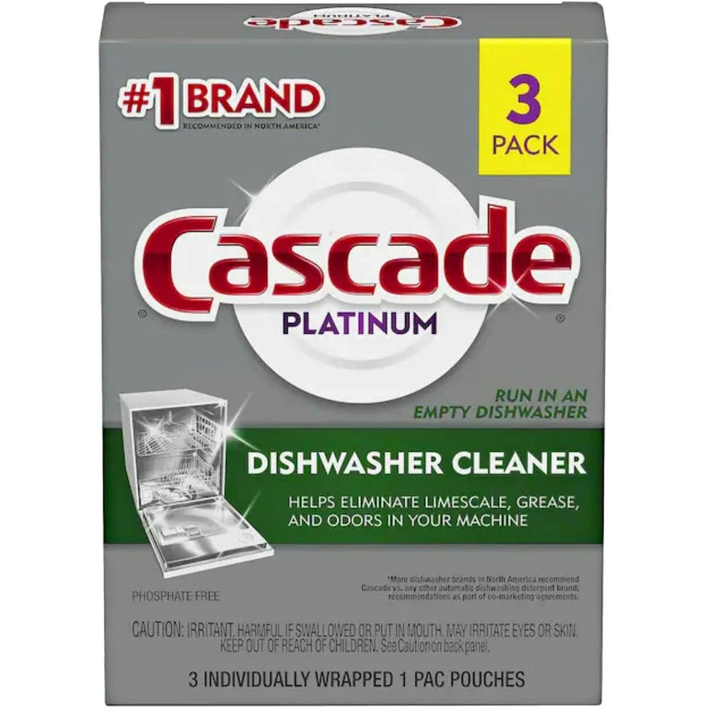 Cascade Platinum Dishwasher Cleaner 3 count pack front view deep cleaning pods