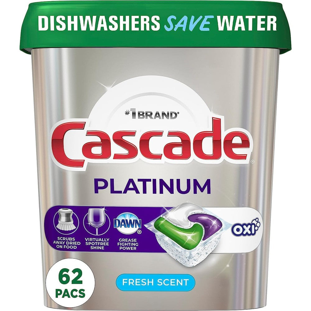 Cascade Platinum Dishwasher Pods 62 count front view packaging