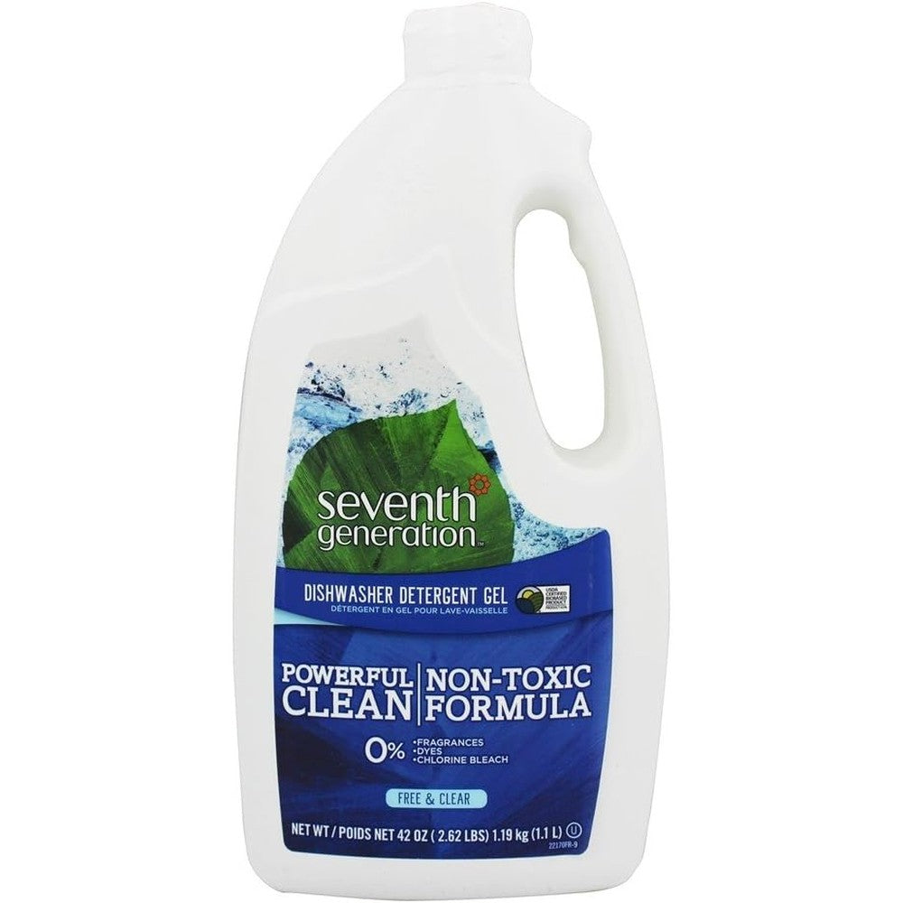 Seventh Generation Free and Clear Automatic Dishwasher Gel 42 Ounce bottle front view imported cleaning product.