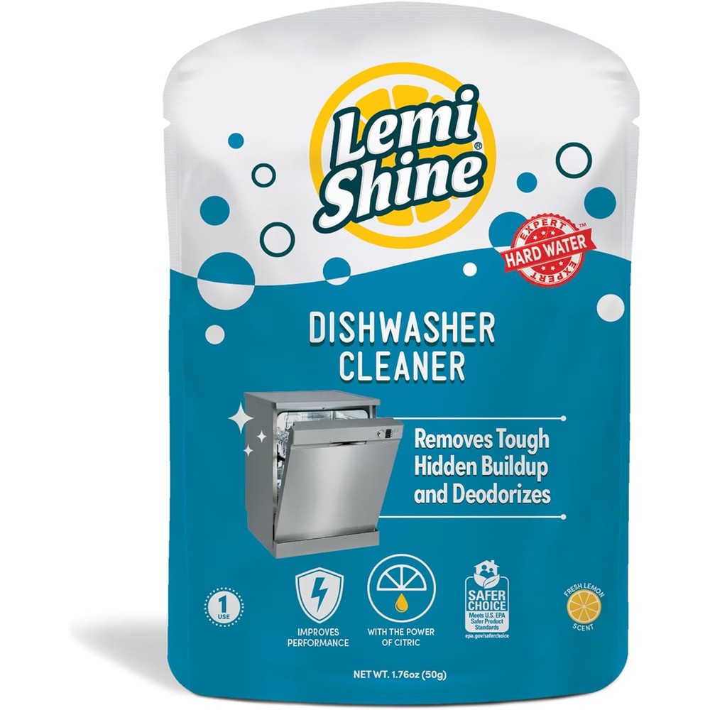 Lemi Shine Natural Dishwasher Cleaner 1.76 Ounce pouch front view for hard water removal.