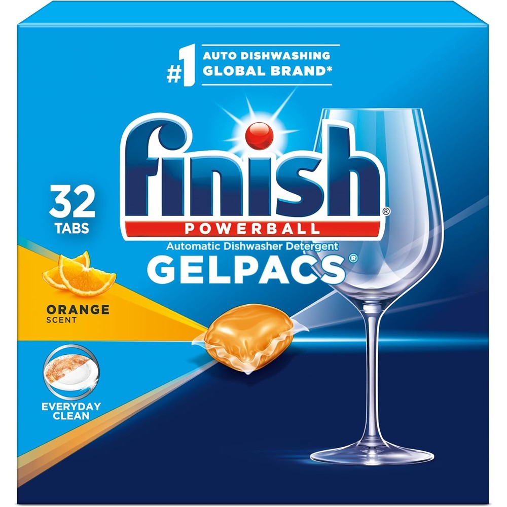 Finish All In 1 Gelpacs Orange Scent 32 Count front packaging showing dishwasher pods.