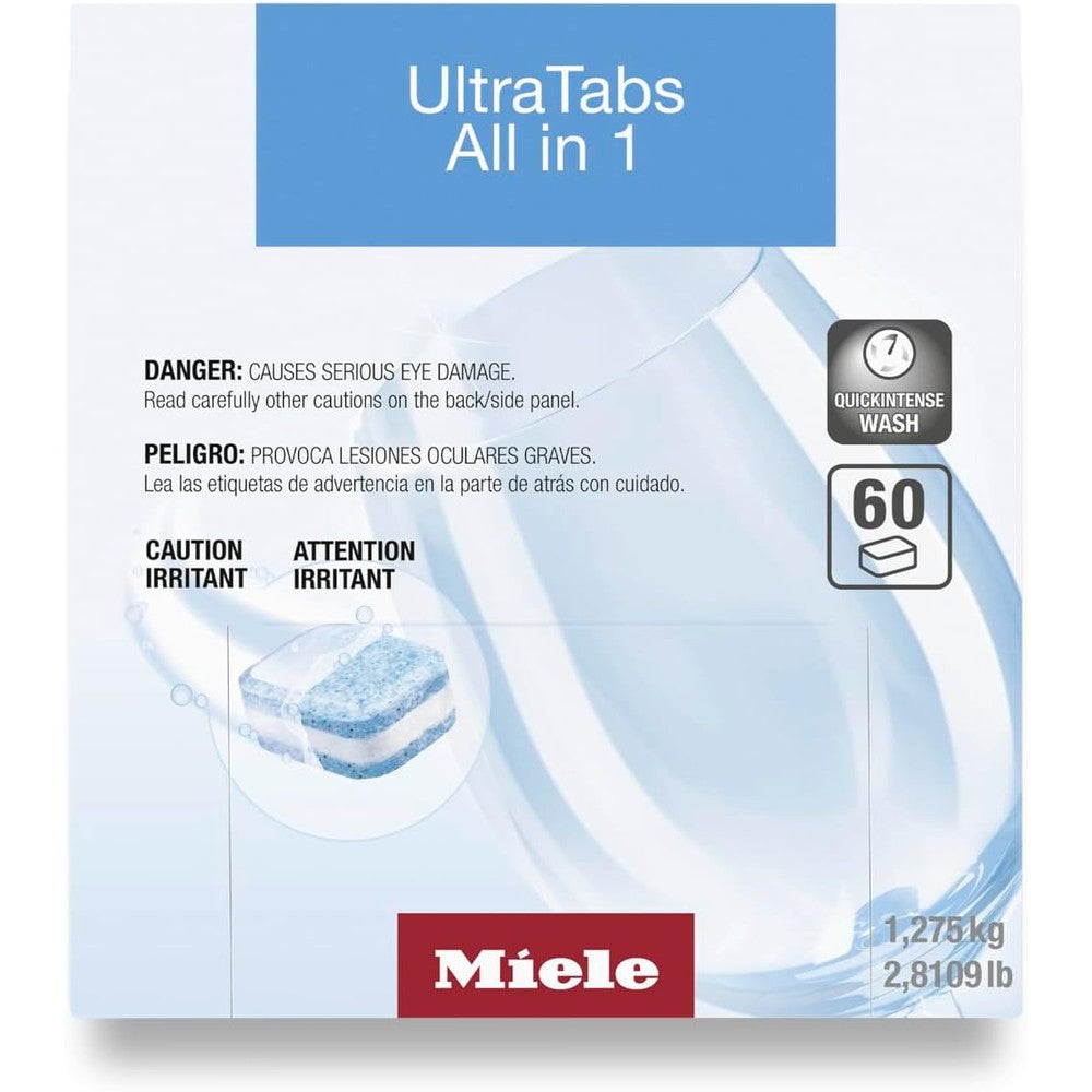 Miele Genuine UltraTabs All in 1 Dishwasher Tablets front packaging showing 60 count box.