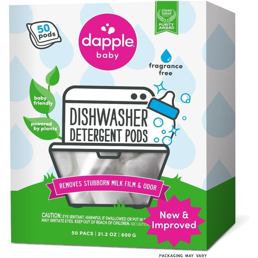 Dapple Baby Dishwasher Pacs front packaging showing 50 count plant based pods.