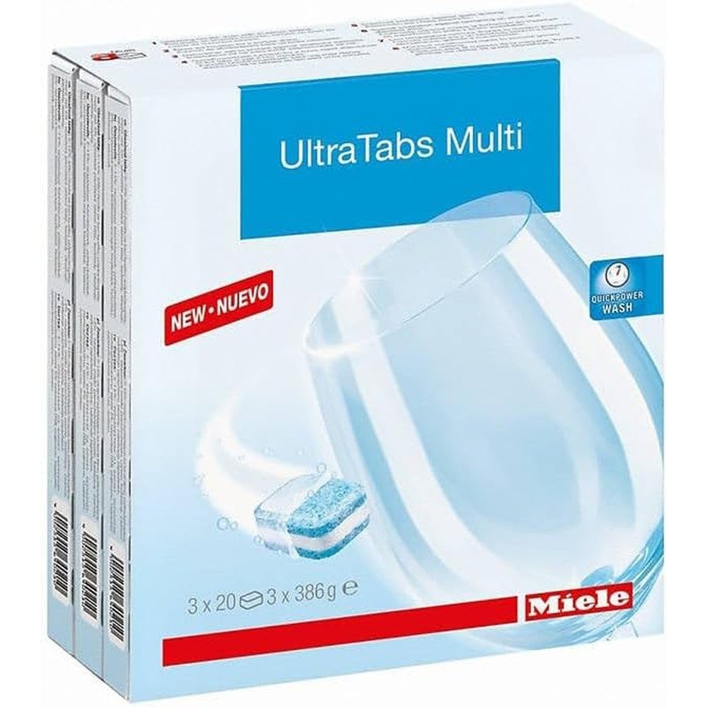 Miele UltraTabs All In 1 Dishwasher Tablets 60 count box front view for professional dish cleaning.