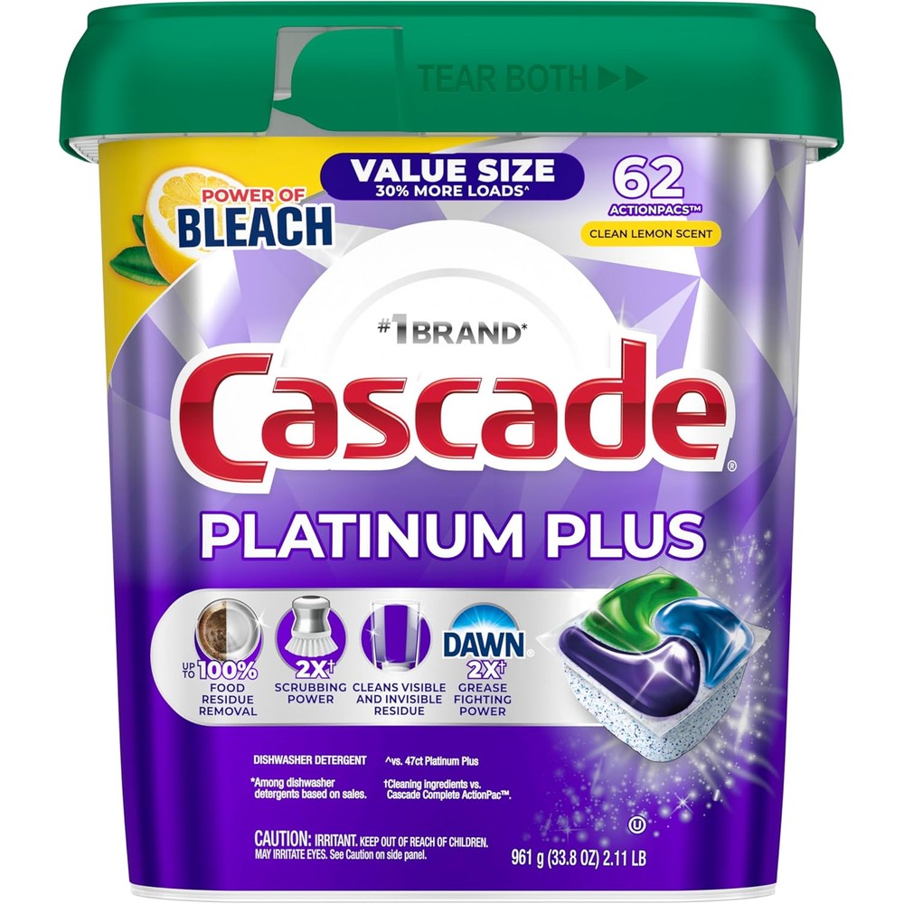 Cascade Platinum Plus Dishwasher Pods Clean Lemon 62 Count front view