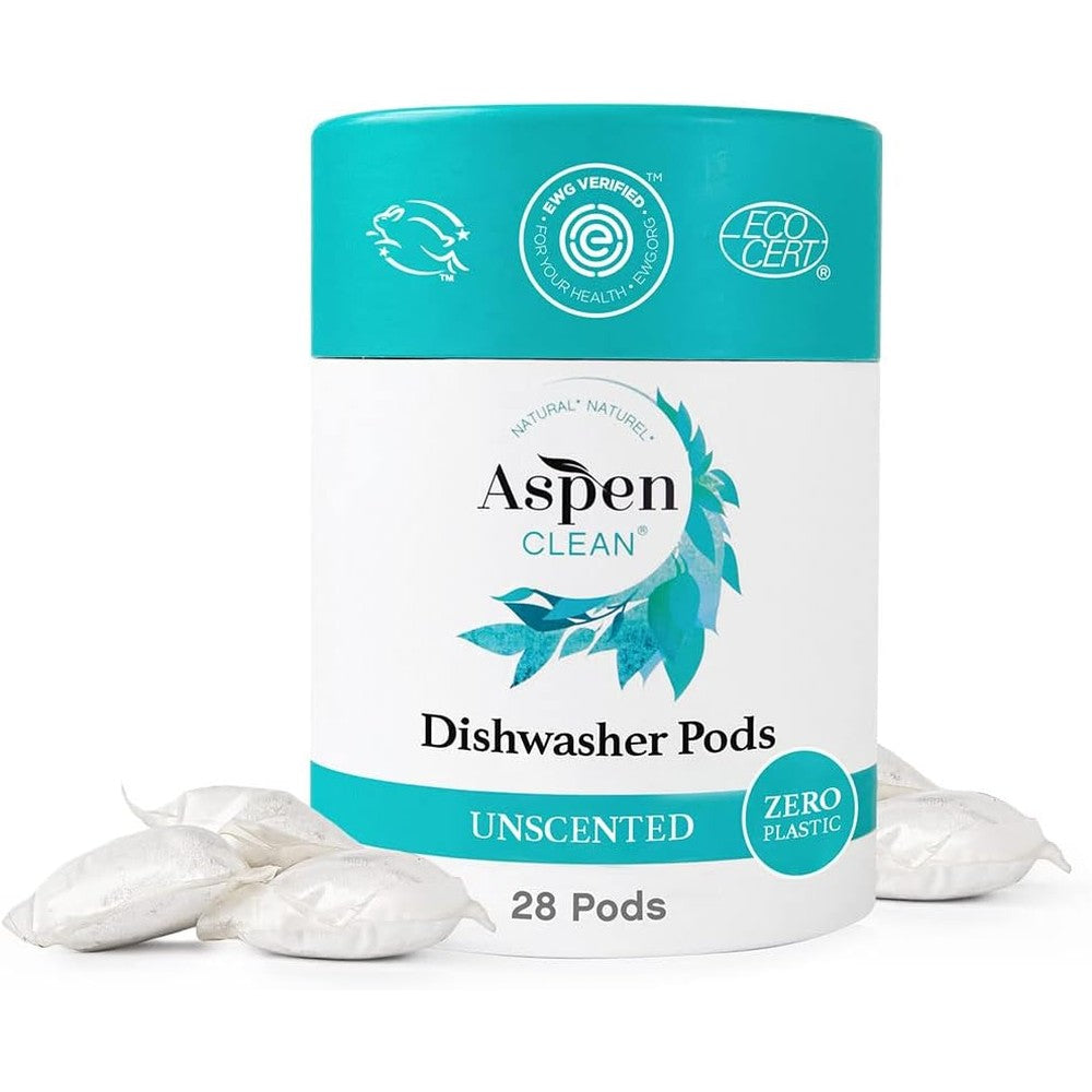 AspenClean Unscented Dishwasher Pods front view 28 count box eco friendly detergent.