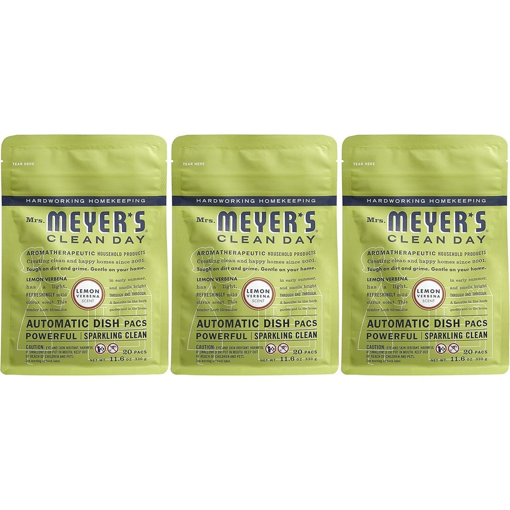 Mrs. Meyer's Clean Day Automatic Dishwasher Pods Lemon Verbena front view pack of three