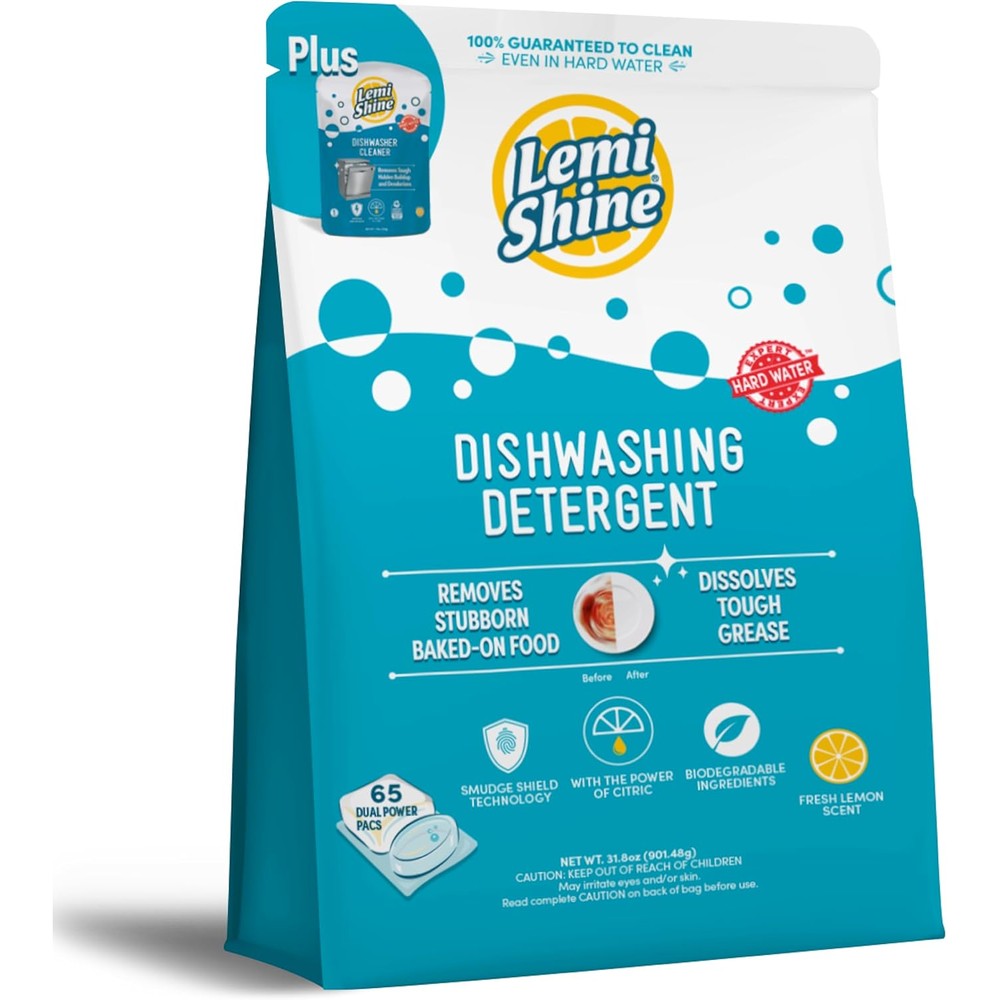 Lemi Shine Natural Dishwasher Detergent Pods 65 count front packaging view showing eco-friendly pods.