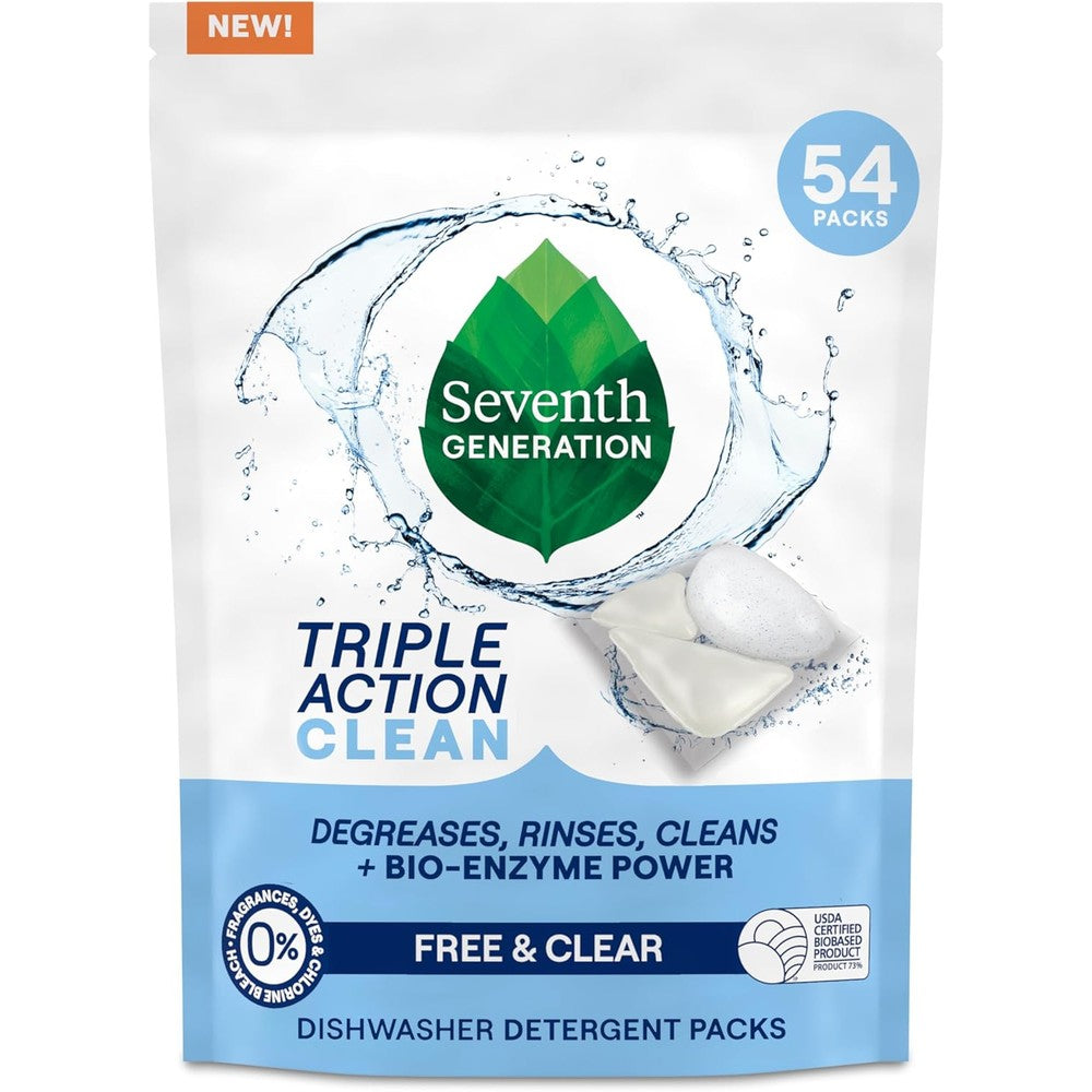 Seventh Generation Triple Action Clean Dishwasher Detergent 54 count pouch front view