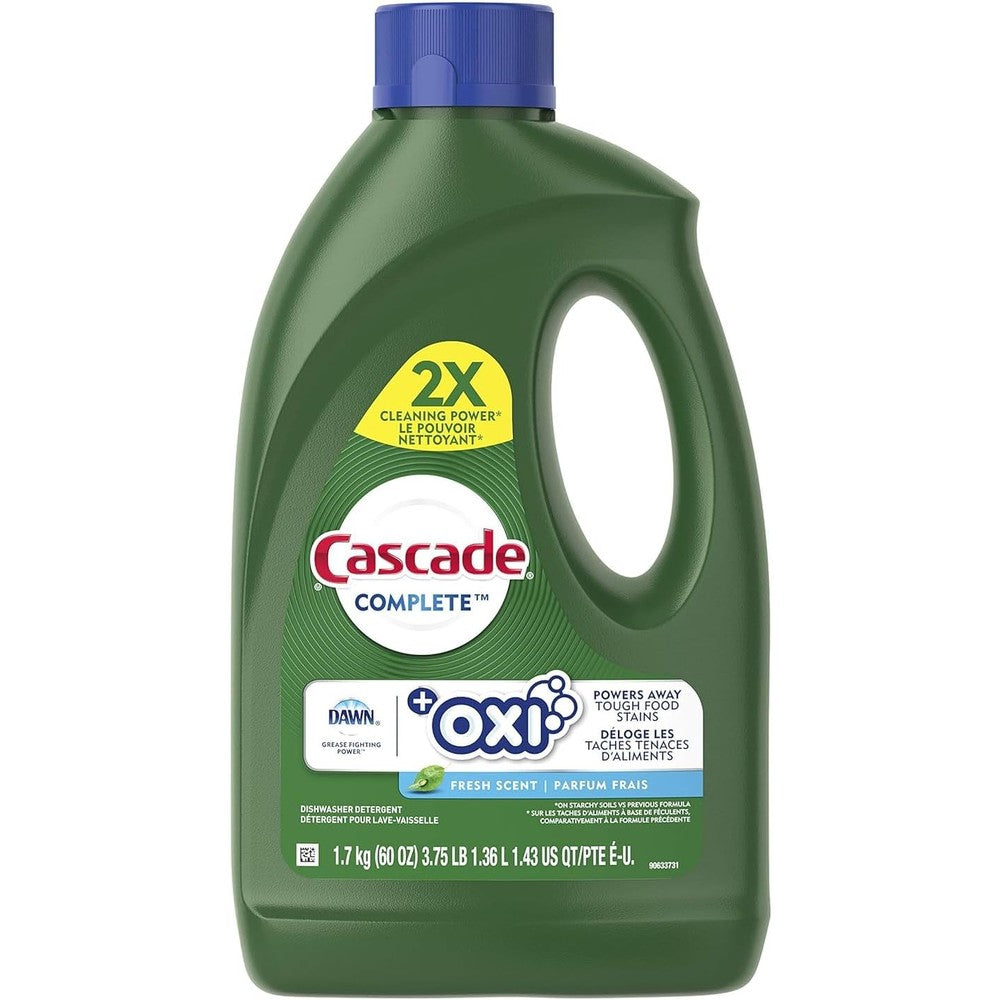 Cascade Complete Plus Oxi Gel Dishwasher Detergent 60 Fluid Ounce bottle front view for powerful kitchen cleaning.