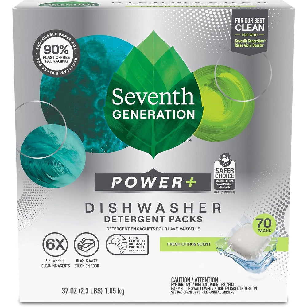 Seventh Generation Power Plus Dishwasher Detergent Packs 70 count front view showing citrus scent