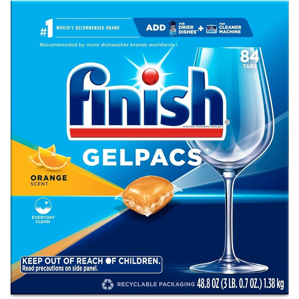 Finish All In 1 Gelpacs Orange 84 Count front packaging showing dishwasher detergent pods.