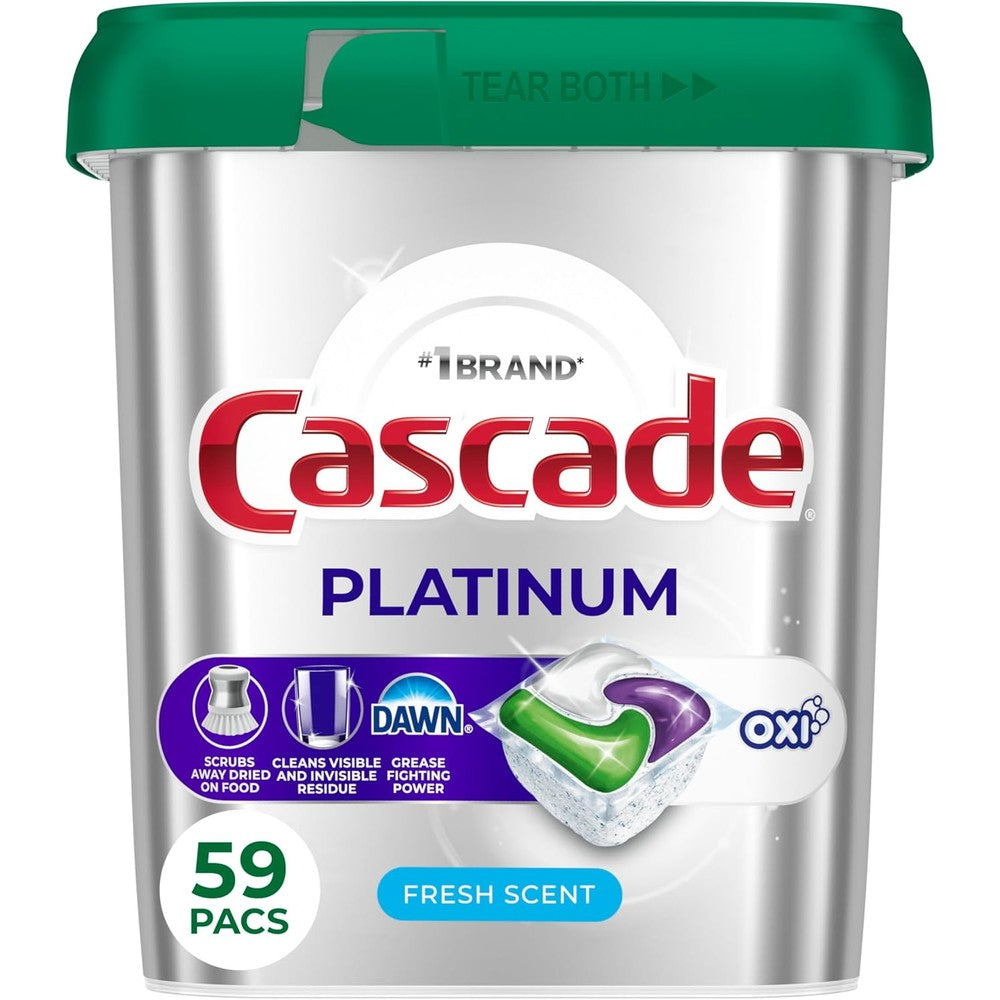 Cascade Platinum Plus Oxi Dishwasher Pods 59 Count tub front view