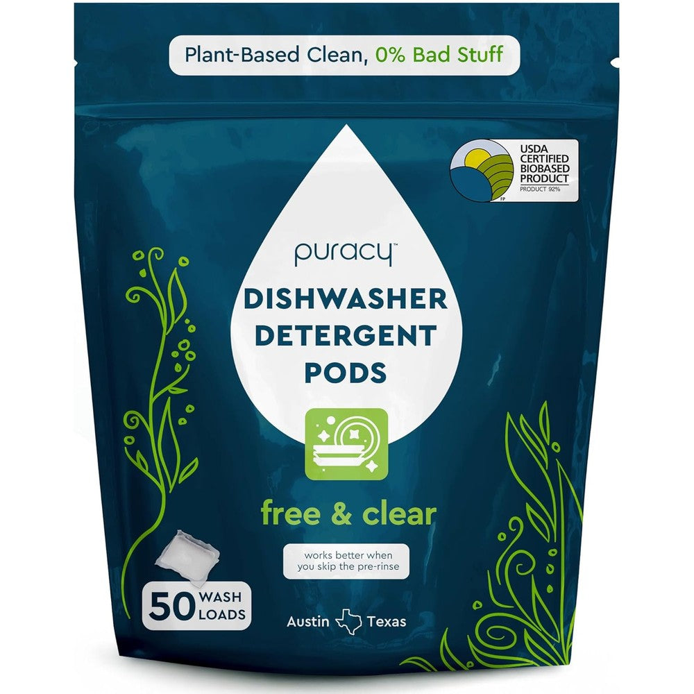 Puracy Dishwasher Pods 50 count front view of resealable pouch