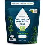 Puracy Dishwasher Pods 50 count front view of resealable pouch
