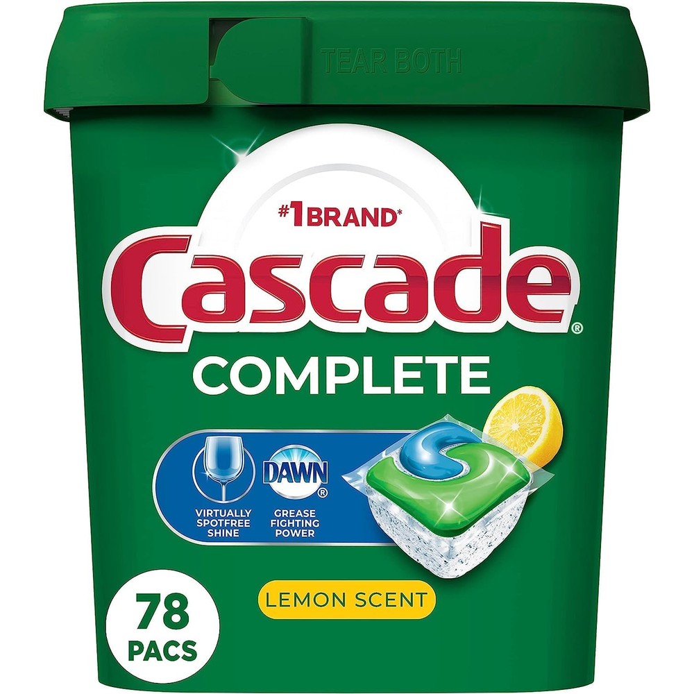 Cascade Complete Dishwasher Pods 78 count tub front view