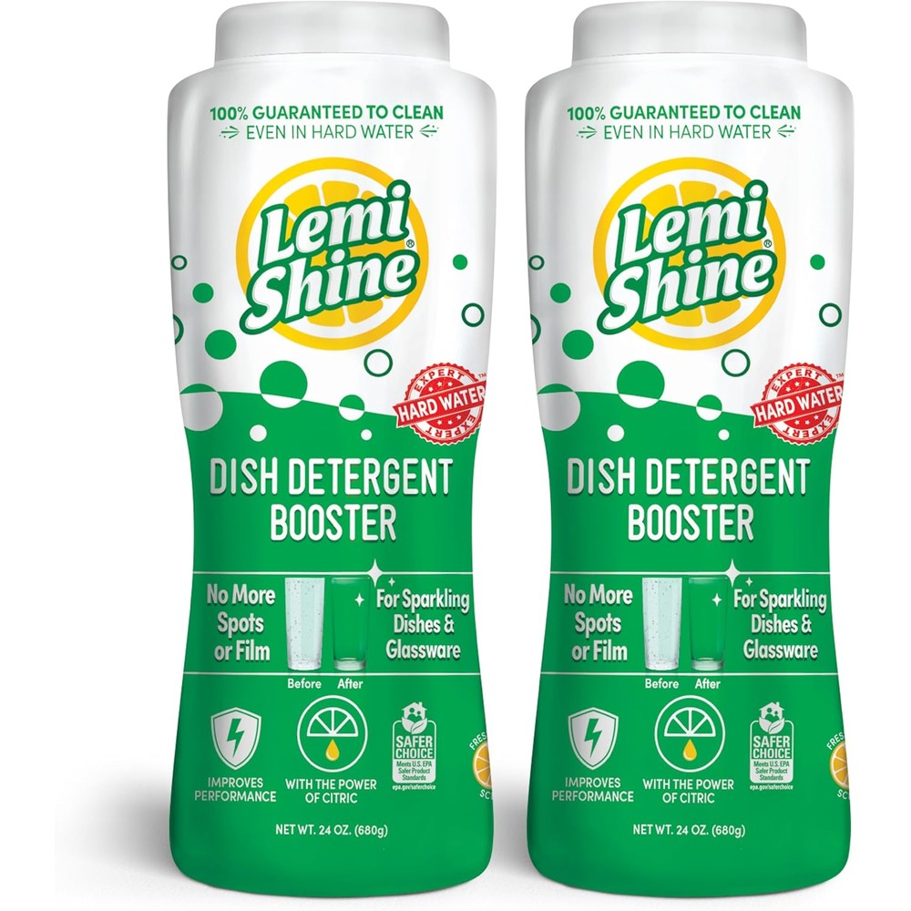 Lemi Shine Natural Dish Detergent Booster front view for hard water stain removal.