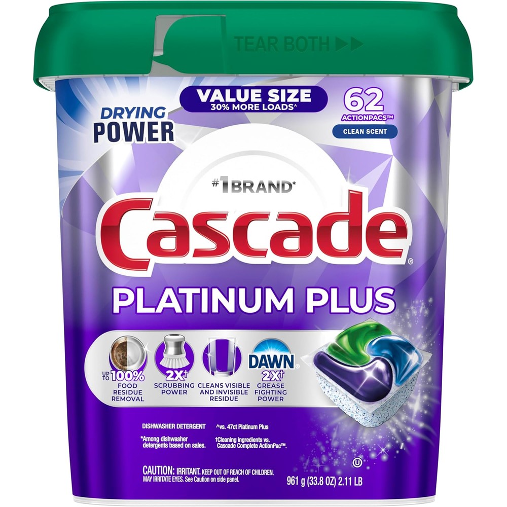 Cascade Platinum Plus Dishwasher Pods Dish Detergent Soap Clean Scent 62 Count - Image 1