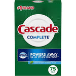 Cascade Complete Powder Dishwasher Detergent front packaging showing 75 ounce size.